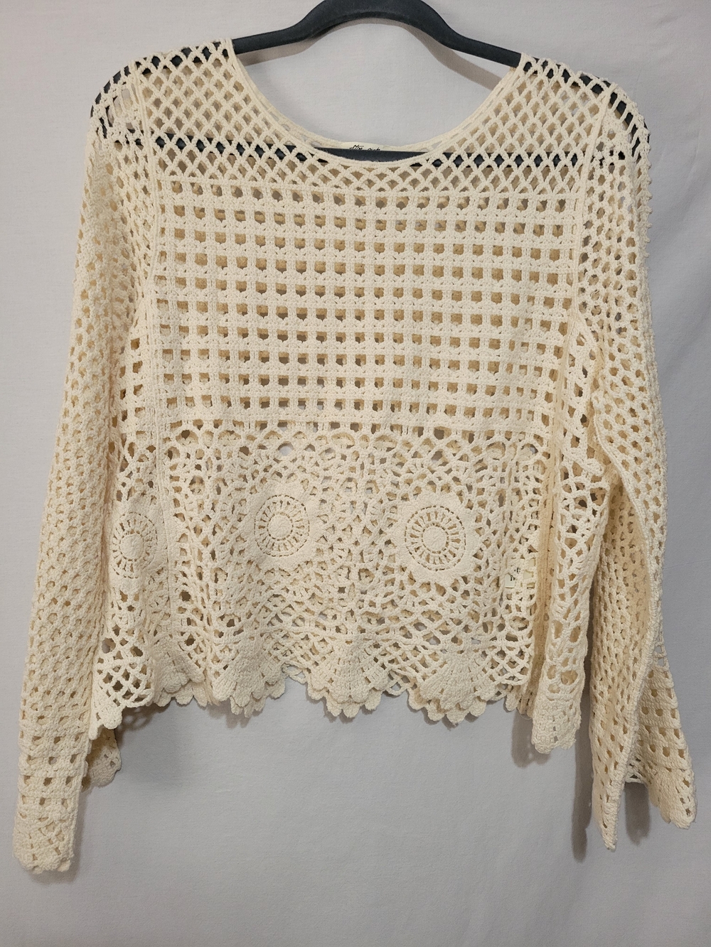 Ultra Pink Cream Crochet Openwork Scoop Neck Sweater Boho Chic